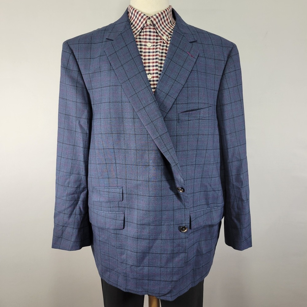 Surmesur Men's Sport Coat Blazer Two Button Blue Plaid Wool about 54R BIG‎